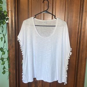 Lightweight Cotton White Blouse w/ Pom Pom trim